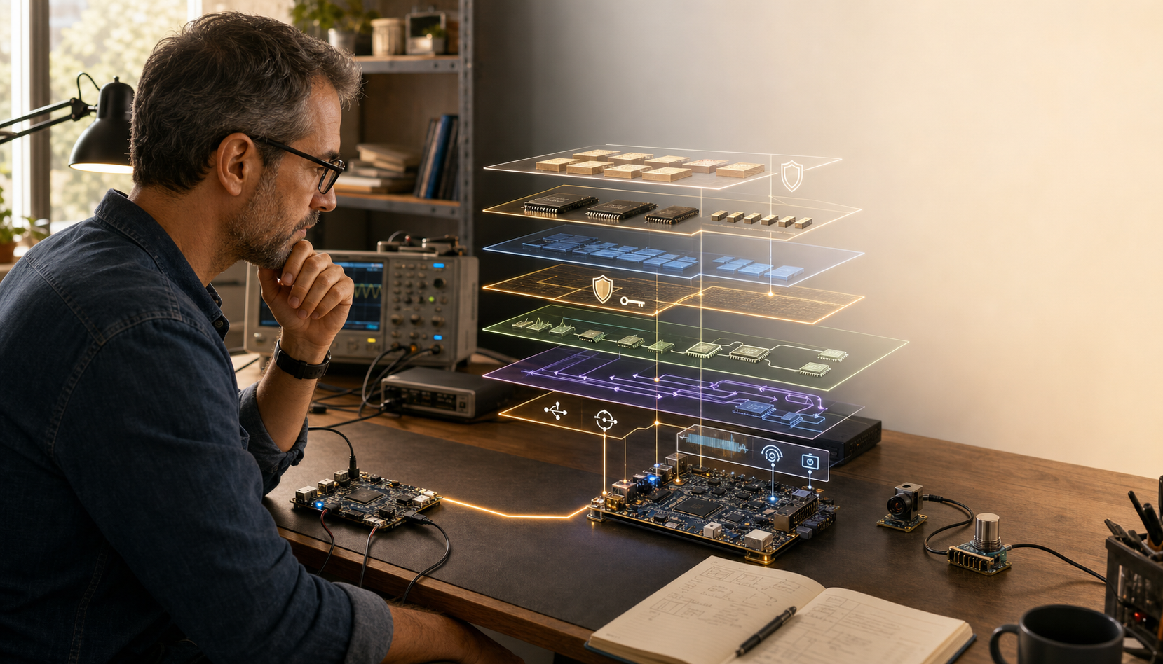 מהנדס Embedded ותיק מול שולחן מעבדה שבו מערכת מיקרו־בקר פשוטה הופכת לארכיטקטורה מרובת שכבות