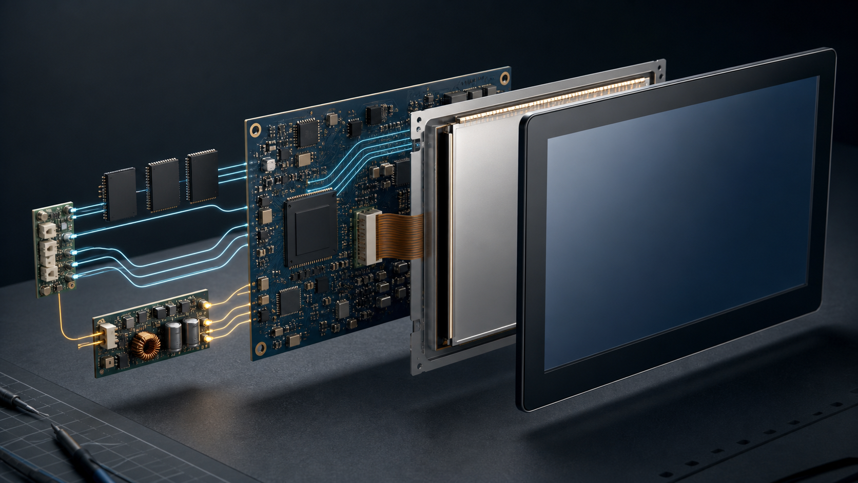מבט מפורק על מסך Embedded והאלקטרוניקה שמאחוריו, כולל לוח מעבד, זיכרון, הספק וממשקי תצוגה