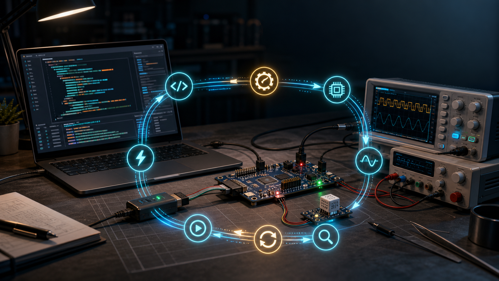 עמדת פיתוח Embedded שבה מחשב, לוח, debugger ומכשירי מדידה מחוברים בלולאת משוב