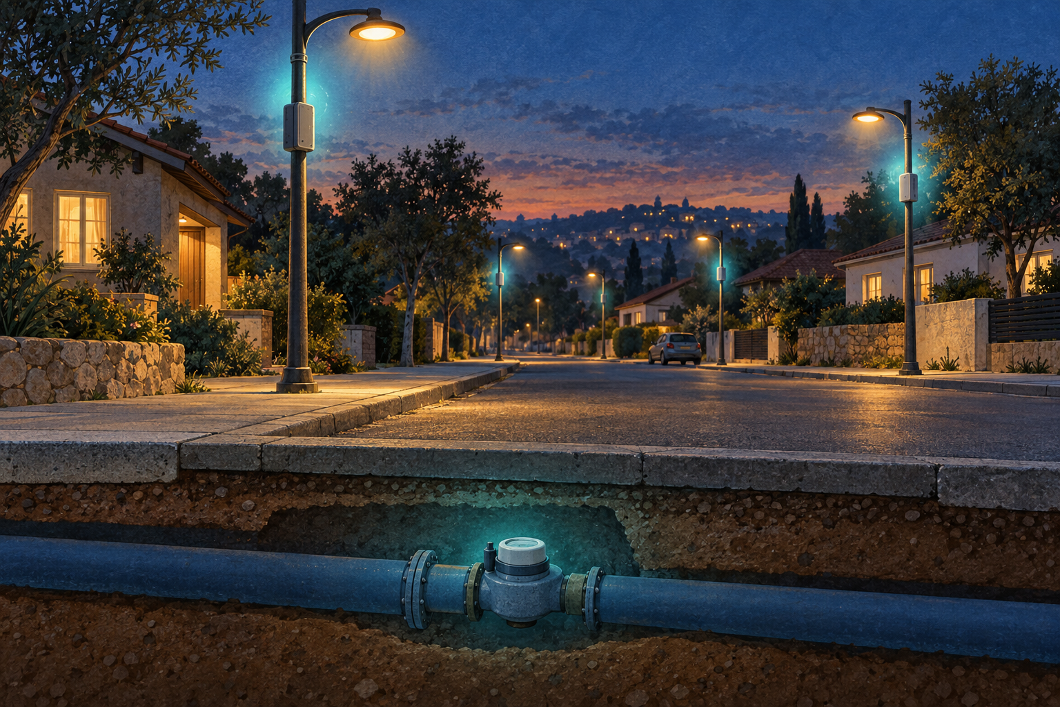 איור רחוב עם פנסי תאורה ומד מים מתחת למדרכה